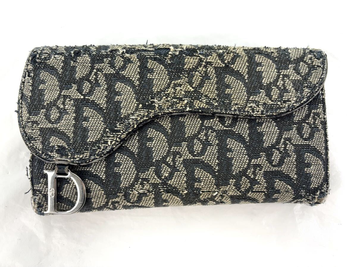クリスチャンディオール 長財布 サドル トロッター Dロゴ ネイビー Christian Dior ロングウォレット キャンバス レザー ネイビー グレー