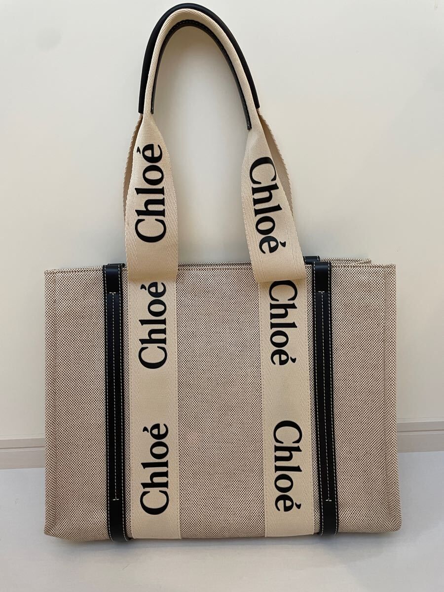 クロエ　リネン製WOODYトートバッグ　ミディアム　ウッディトート　ブラック　Chlo Woody 黒　CHLOE キャンバス　