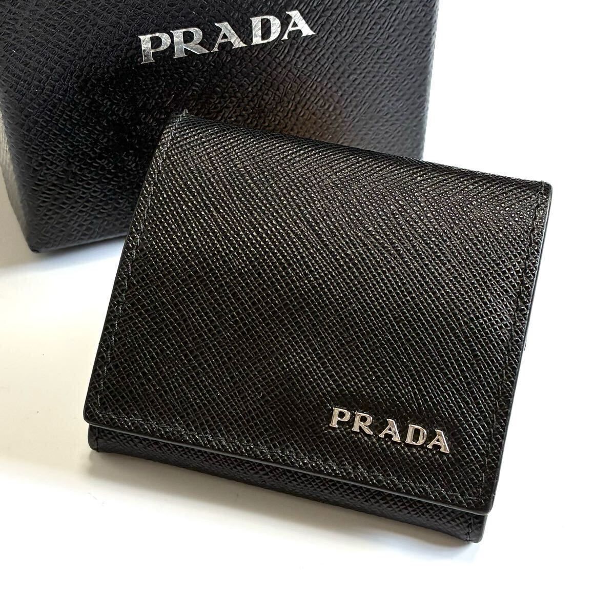 ★PRADA プラダ コインケース 小銭入れ 財布 サフィアーノレザー ブラック 黒 メンズ 男性【鑑定済み 本物保証】