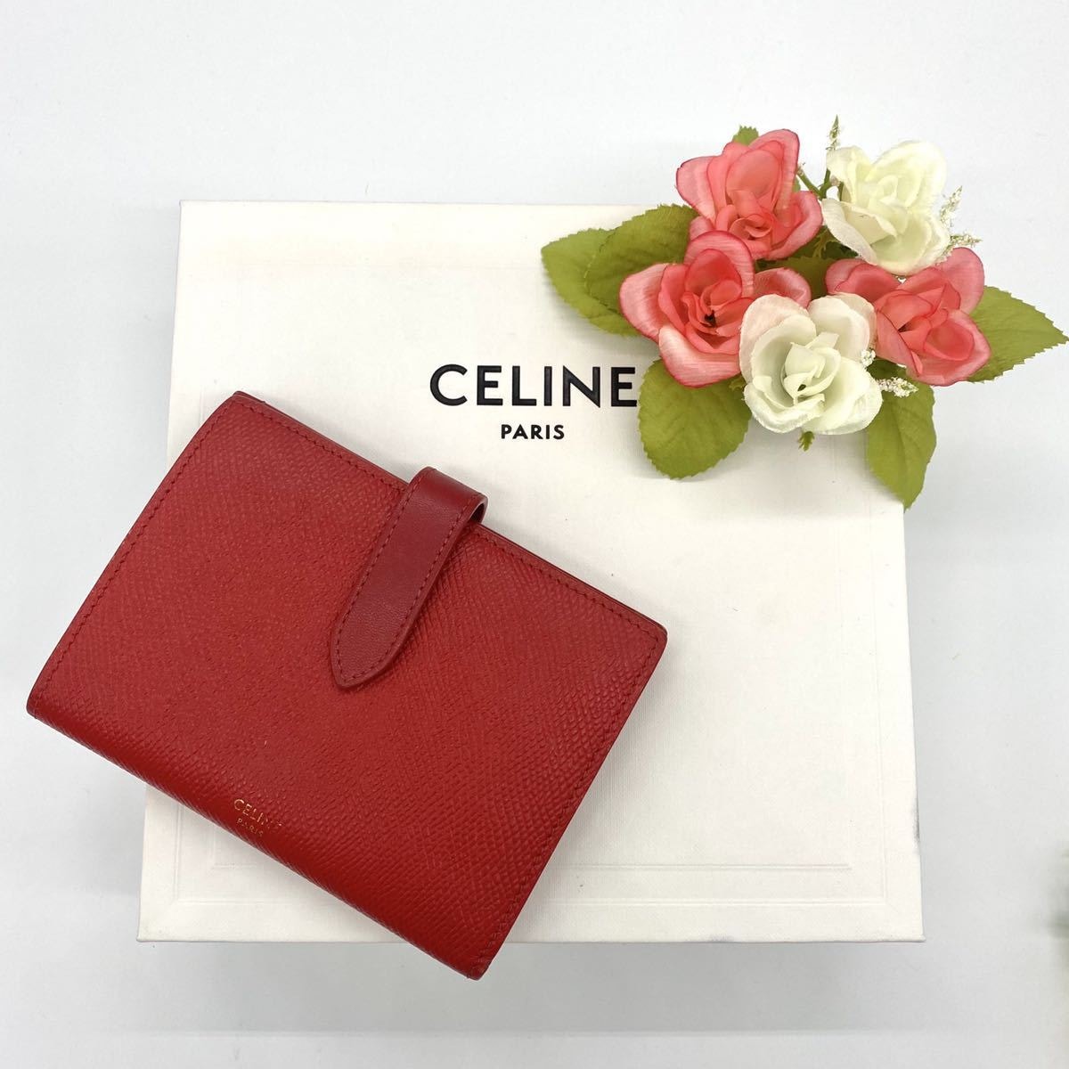 【大特価!!】CELINE セリーヌ ミディアムストラップウォレット レッド 二つ折り財布 ブランド 鑑定済み■