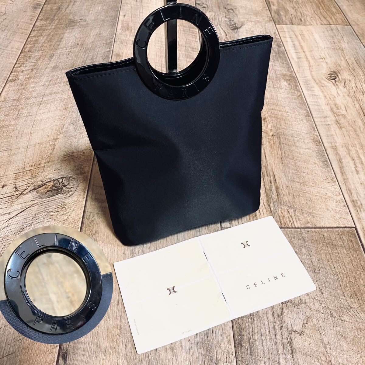 本物☆CELINE セリーヌ サークルロゴ ミニハンドバッグ ミニトートバッグ 黒 ブラック ナイロンキャンバス ミニバッグ オールド レディース