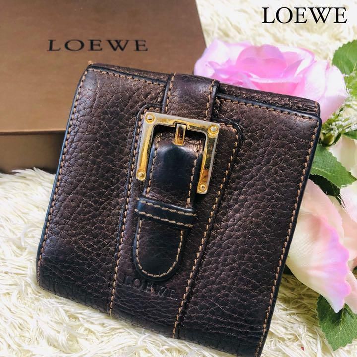 【美品】LOEWE ロエベ 折り財布 ベルトデザイン ダークブラウン レザー ベルト ロゴ 刻印
