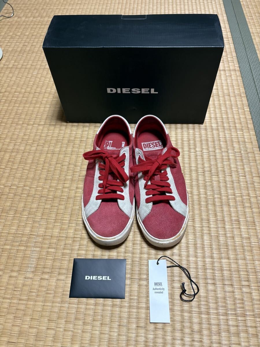 ★DIESEL ディーゼル メンズ 牛革 本革 ヴィンテージ汚し加工 ローカットスウェードスニーカー 靴 サイズ25.5【レッド】 2回使用★ 箱付き