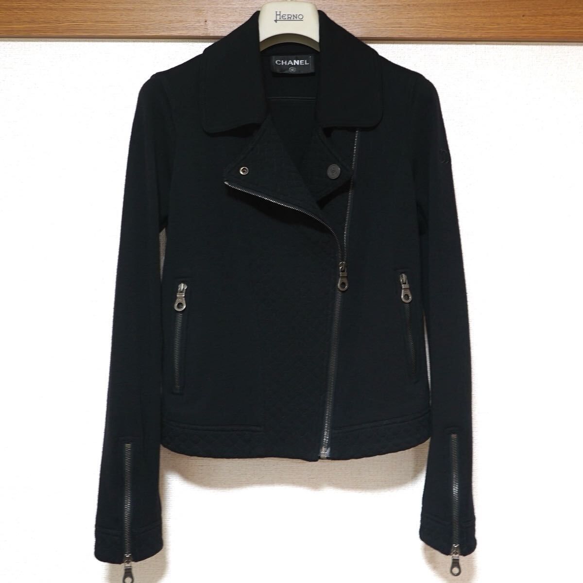 【CHANEL】シャネル ウール ココマークボタン ライダース ニットジャケット ダブル 黒 ブルゾン