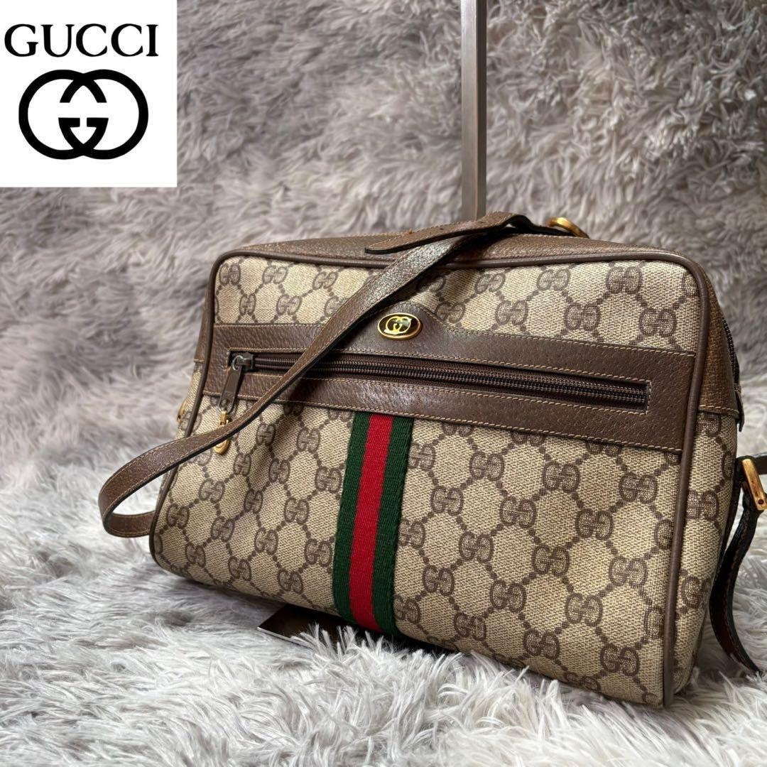 美品GUCCI GG シェリーライン レザー ショルダーバッグ ブラウン