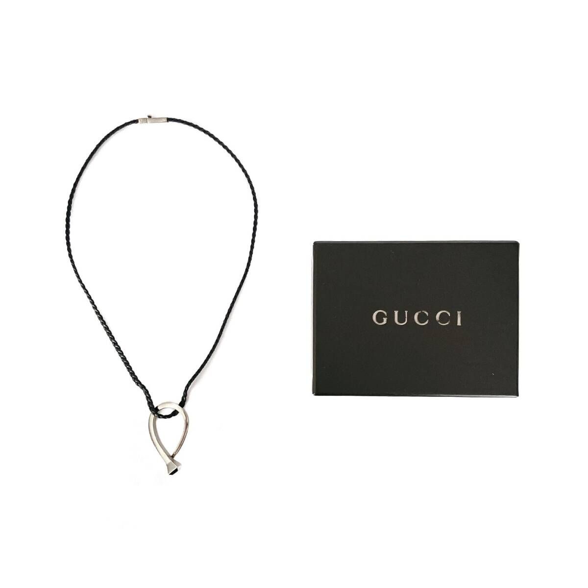 GUCCI グッチ フックデザイン シルバー925 ブラックレザー チョーカー ネックレス メンズ イタリア製