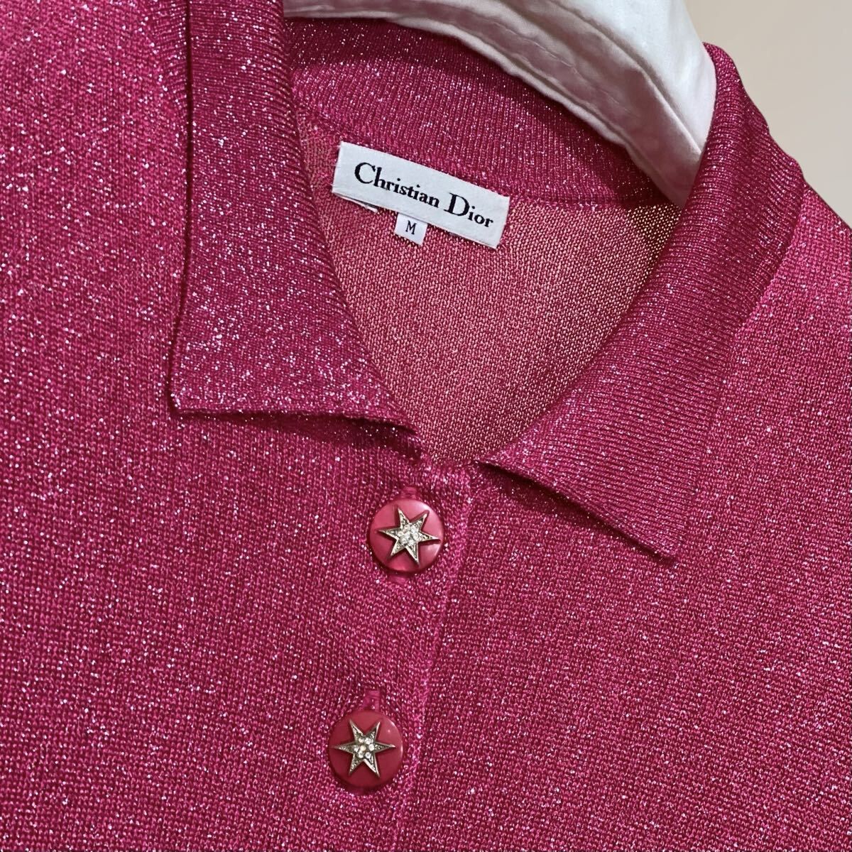 美品 Christian Dior リブニットポロシャツ スターモチーフボタン ピンク 銀糸 ラメ ディオール