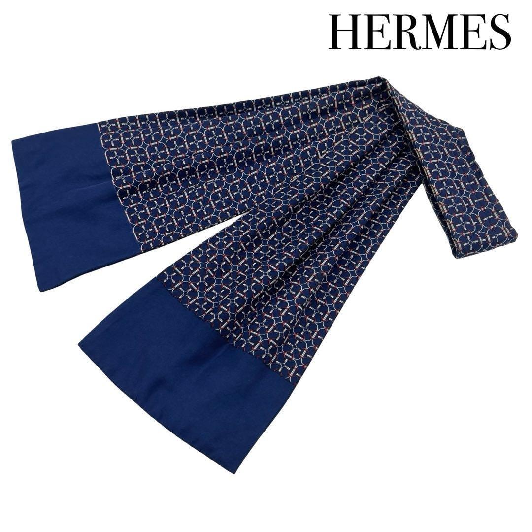 やや傷や汚れあり】HERMES エルメス アスコットタイ 総柄 ネイビー