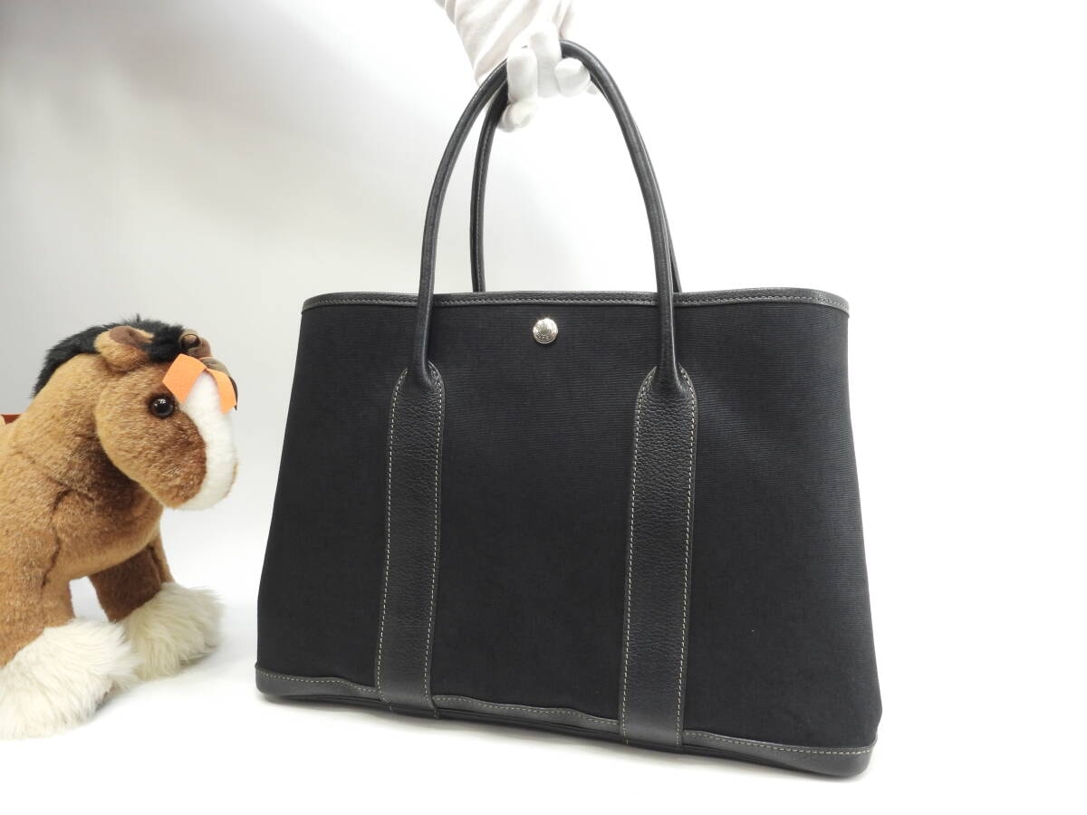 エルメス ガーデンパーティPM コットン/レザー 黒 トートバッグ ハンドバッグ@□G 9