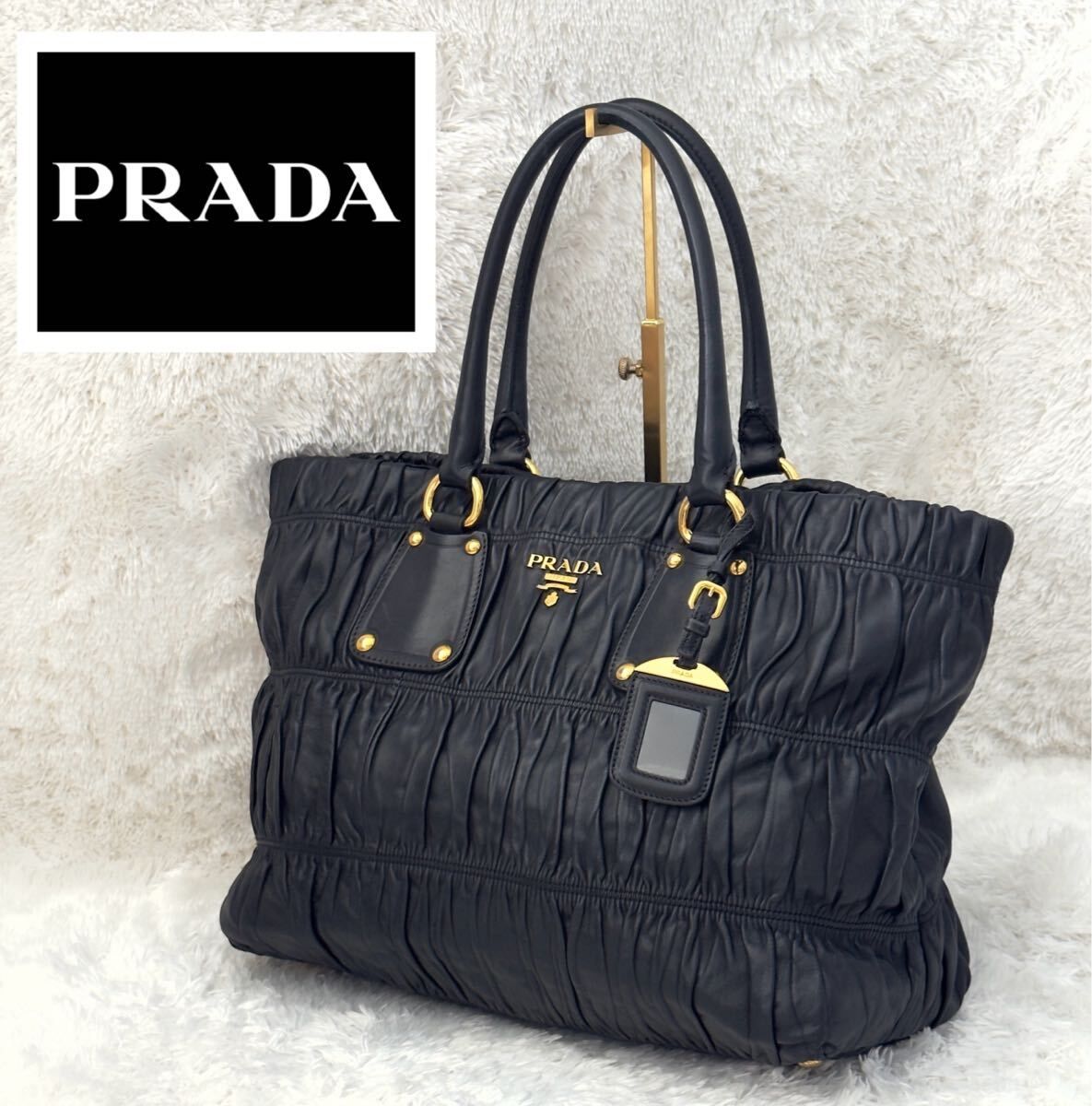 ☆美品☆PRADA プラダ ハンドバッグ レザー ブラック ナッパレザー トートバッグ ギャザー ゴールド金具 