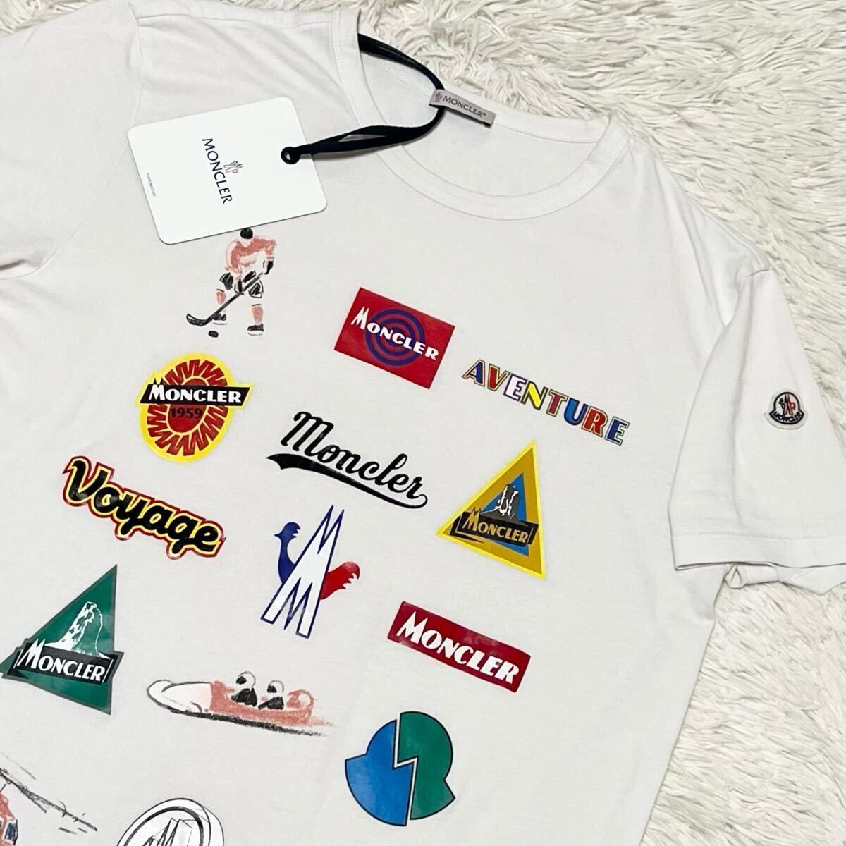 極美品/近年モデル/希少L/MONCLE モンクレール Tシャツ 半袖 総柄 ロゴワッペン 白 ホワイト 大きいサイズ 2019 刺繍 国内正規 メンズ