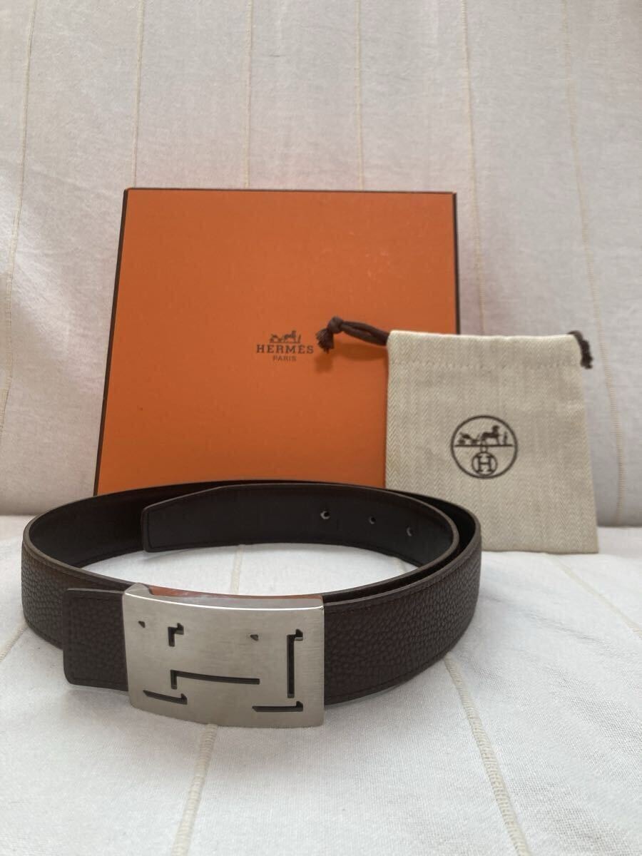 正規品　HERMES エルメス　リバーシブル　ベルト　ラッキーメタル　巾着袋　箱付　