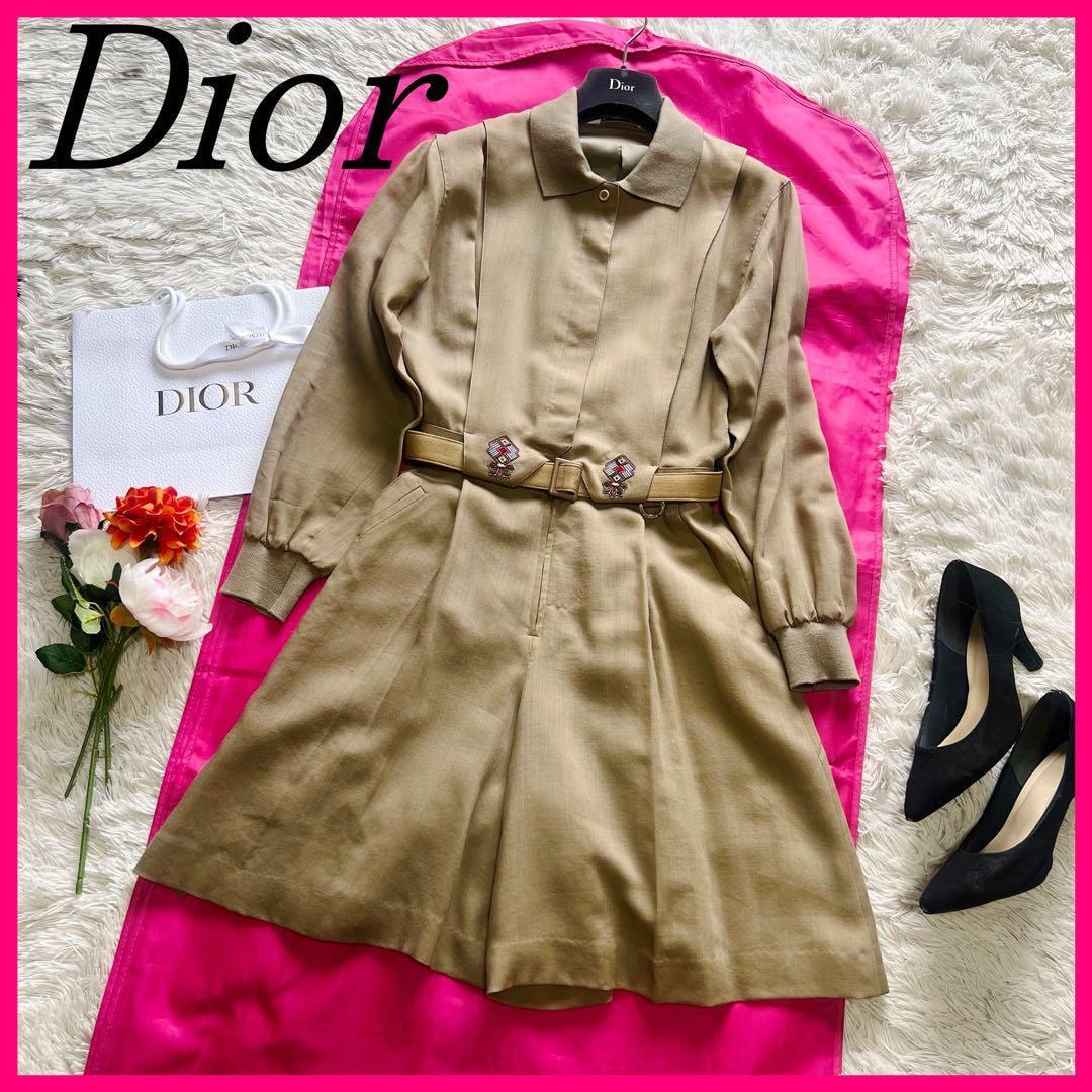 【美品】Christian Dior ロンパース ベージュ 刺繍 M 襟 クリスチャンディオール