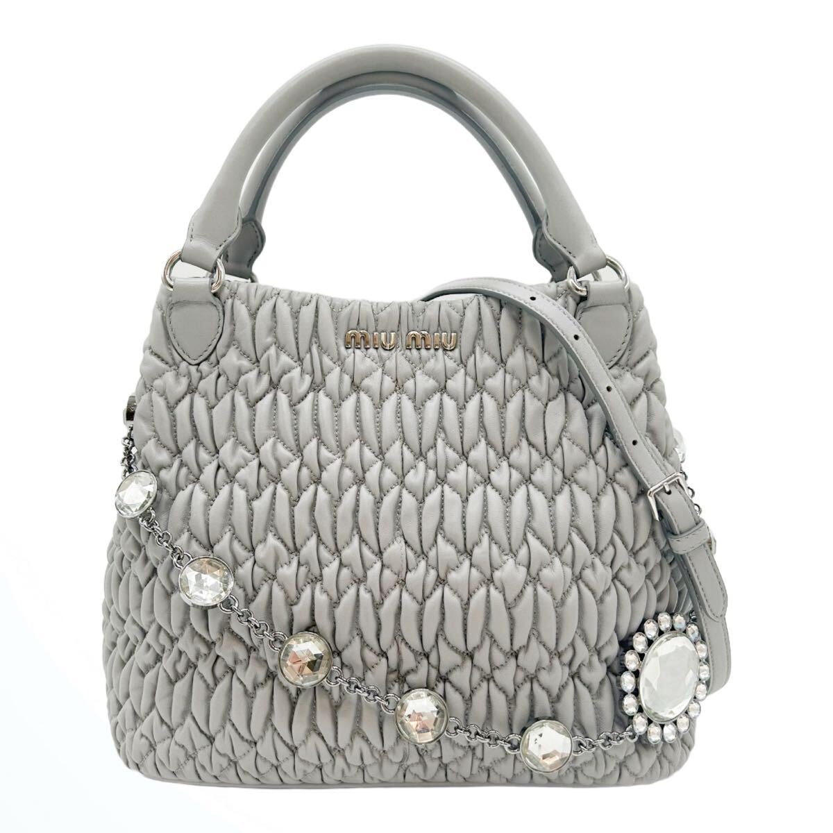 MIUMIU ミュウミュウ ナッパクリスタル ハンドバッグ マテラッセ レザー 2WAY ショルダーバッグ グレー