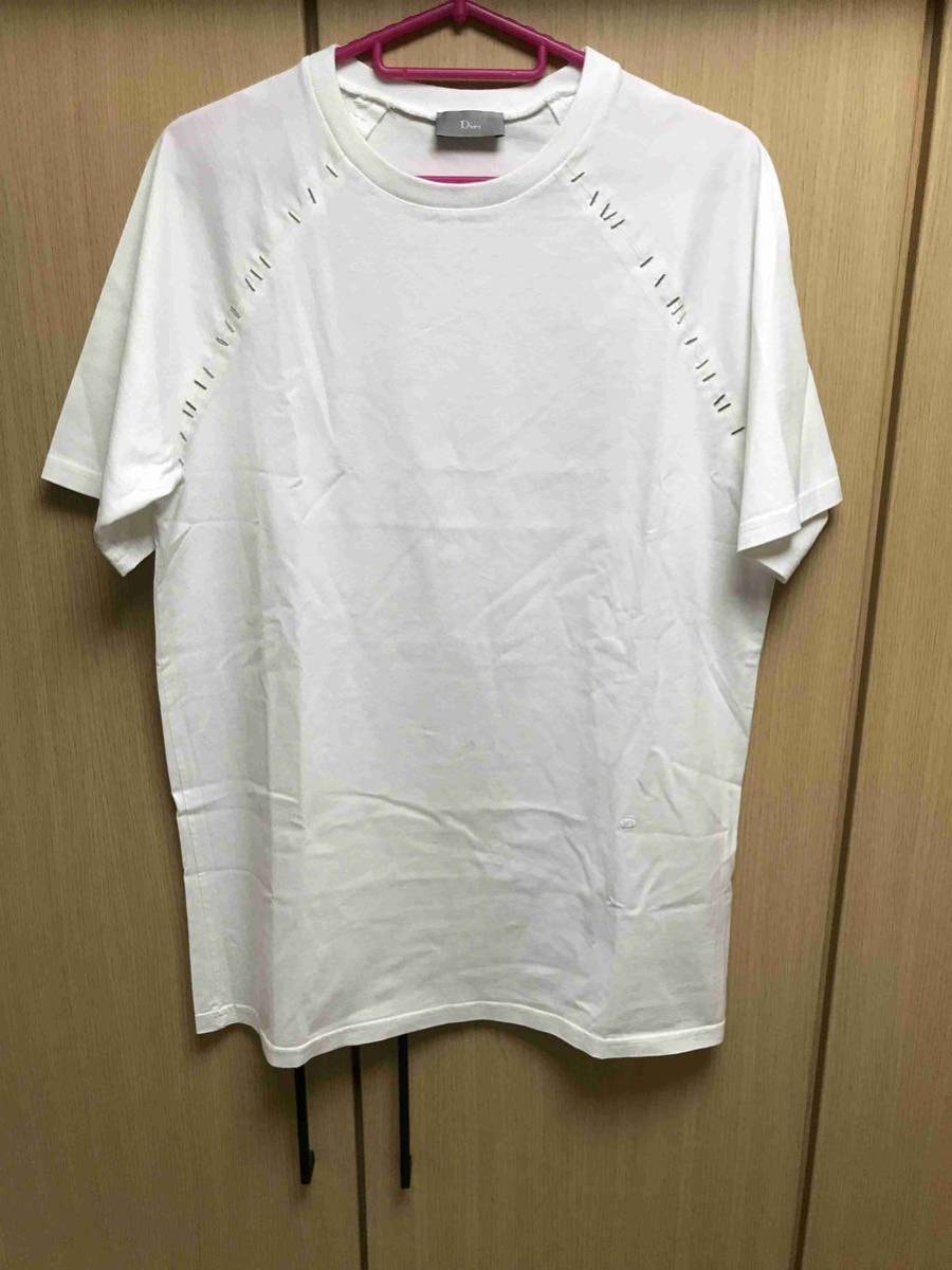 正規 17SS Dior Homme ディオール オム KRIS VAN ASSCHE 期 CD ロゴ 刺繍 ステプラー 再構築 Tシャツ 白 L 763J627K6723