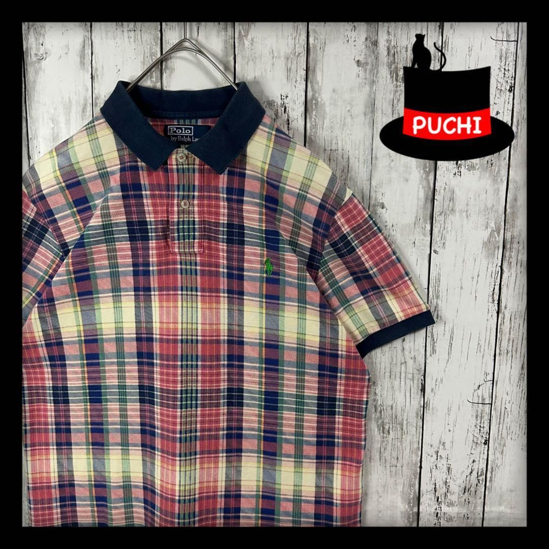 【Polo by Ralph Lauren ポロバイラルフローレン】鹿の子ポロシャツ☆マルチカラー☆マドラスチェック☆M~L ネイビー系　グリーンポニー