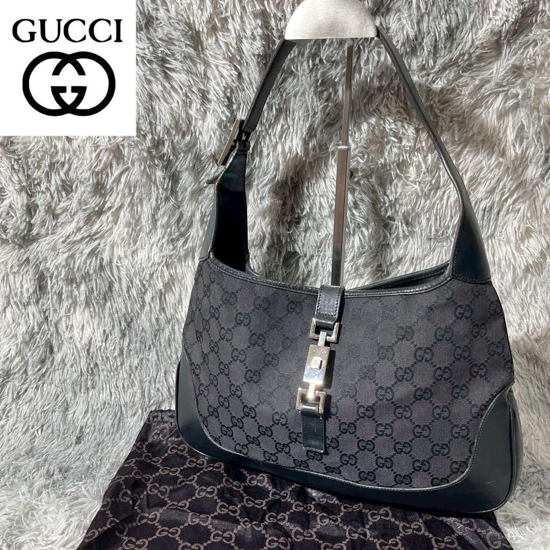 GUCCI ショルダーバッグ　ジャッキー　GG柄　キャンバス　レザー　黒 GUCCI グッチ ジャッキー GGキャンバス×レザー シルバー金具