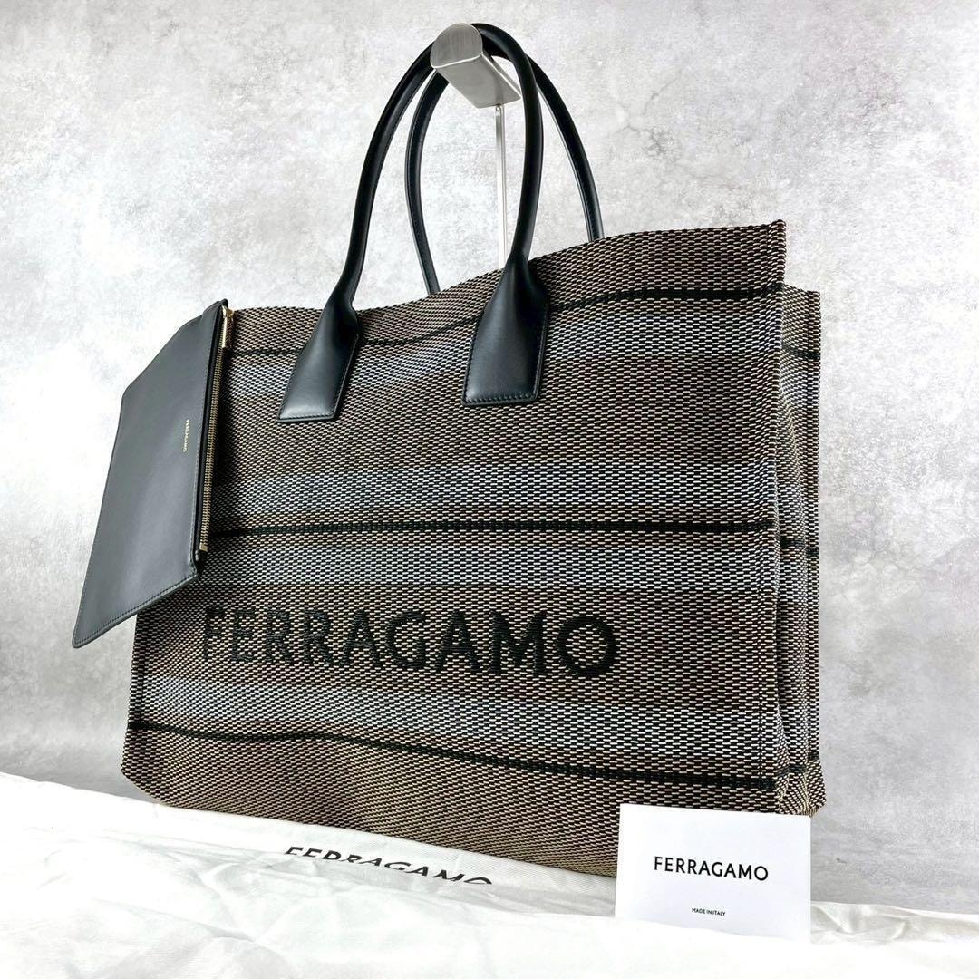 未使用級 Salvatore Ferragamo サルバトーレフェラガモ トートバッグ ショルダーバッグ ボーダー A4214955