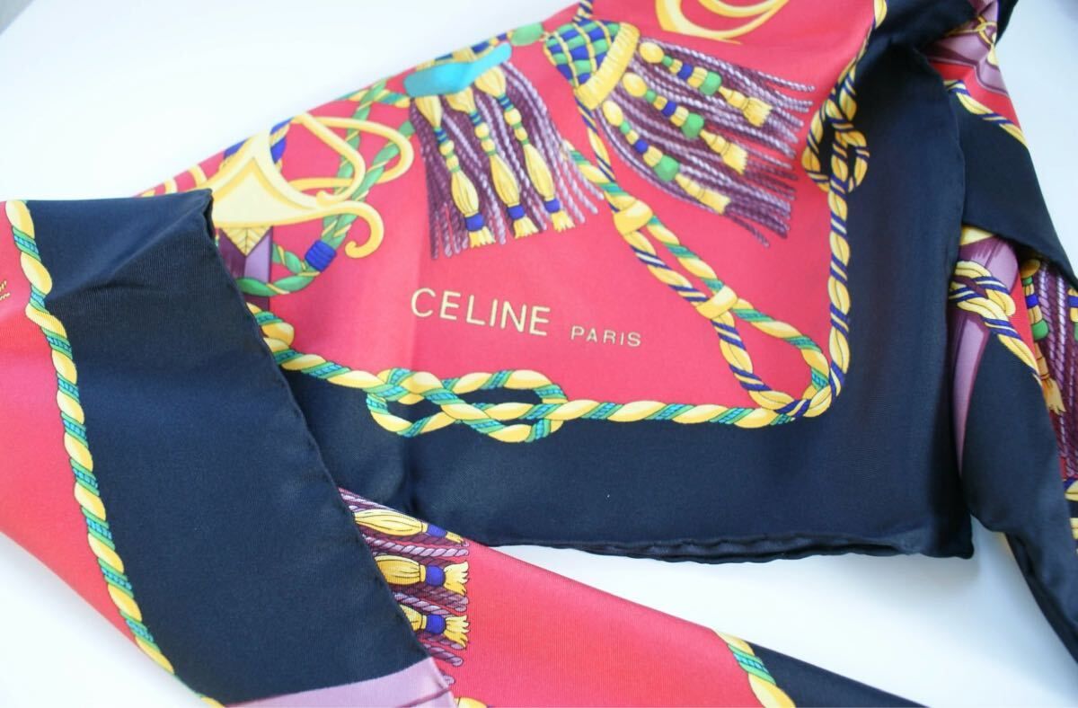 Celine セリーヌ ヴィンテージスカーフ　ピンクレッド　ブラック　シルク