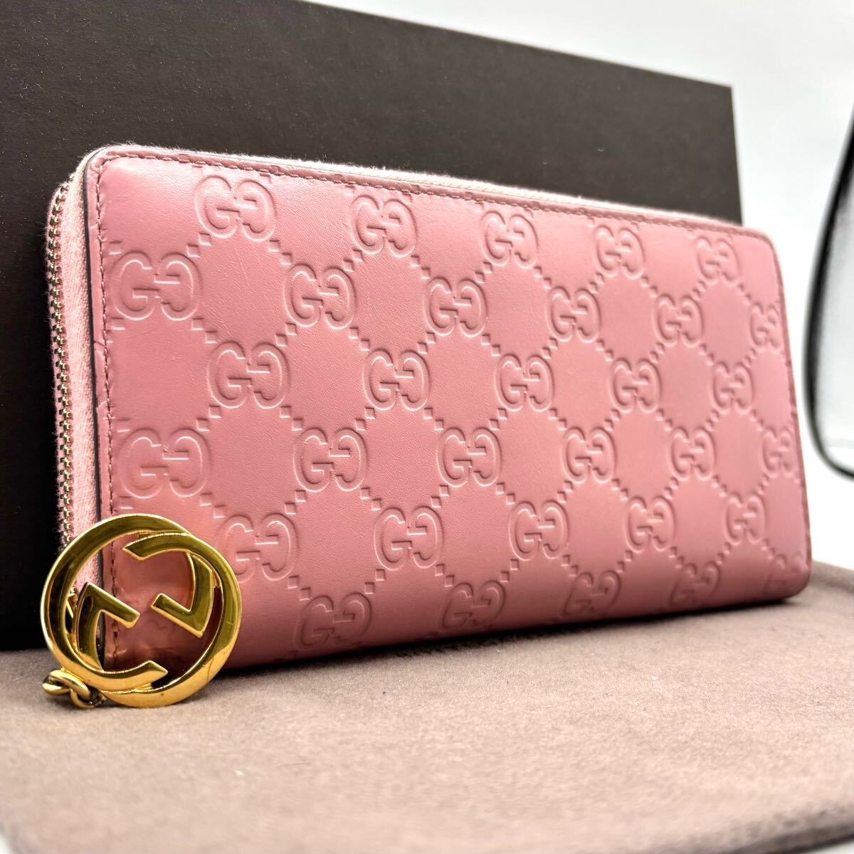 グッチ　ピンク系　レザー　グッチシマ　ラウンドファスナー　長財布　233025 目立った傷や汚れなし】o46 GUCCI グッチ 長財布 ピンク