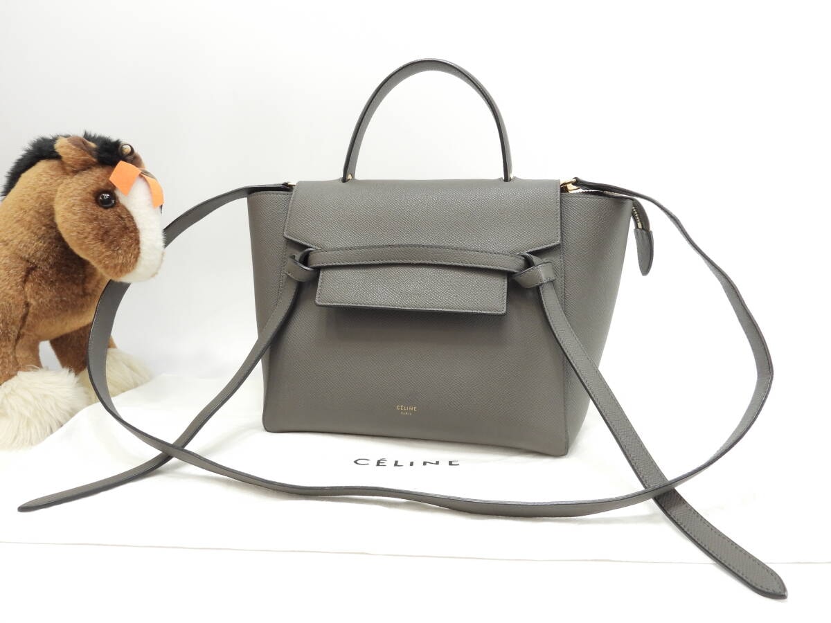 セリーヌ ベルトバッグマイクロ レザー 灰 ポシェット ハンドバッグ クロスボディバッグ 美品@S-SL-5127