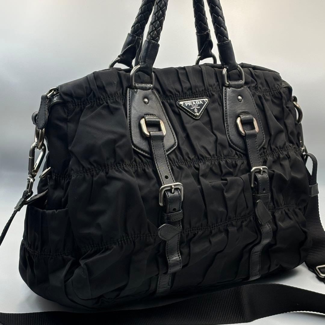 B (目立った傷や汚れなし)】PRADAギャザーナイロン黒2WAY