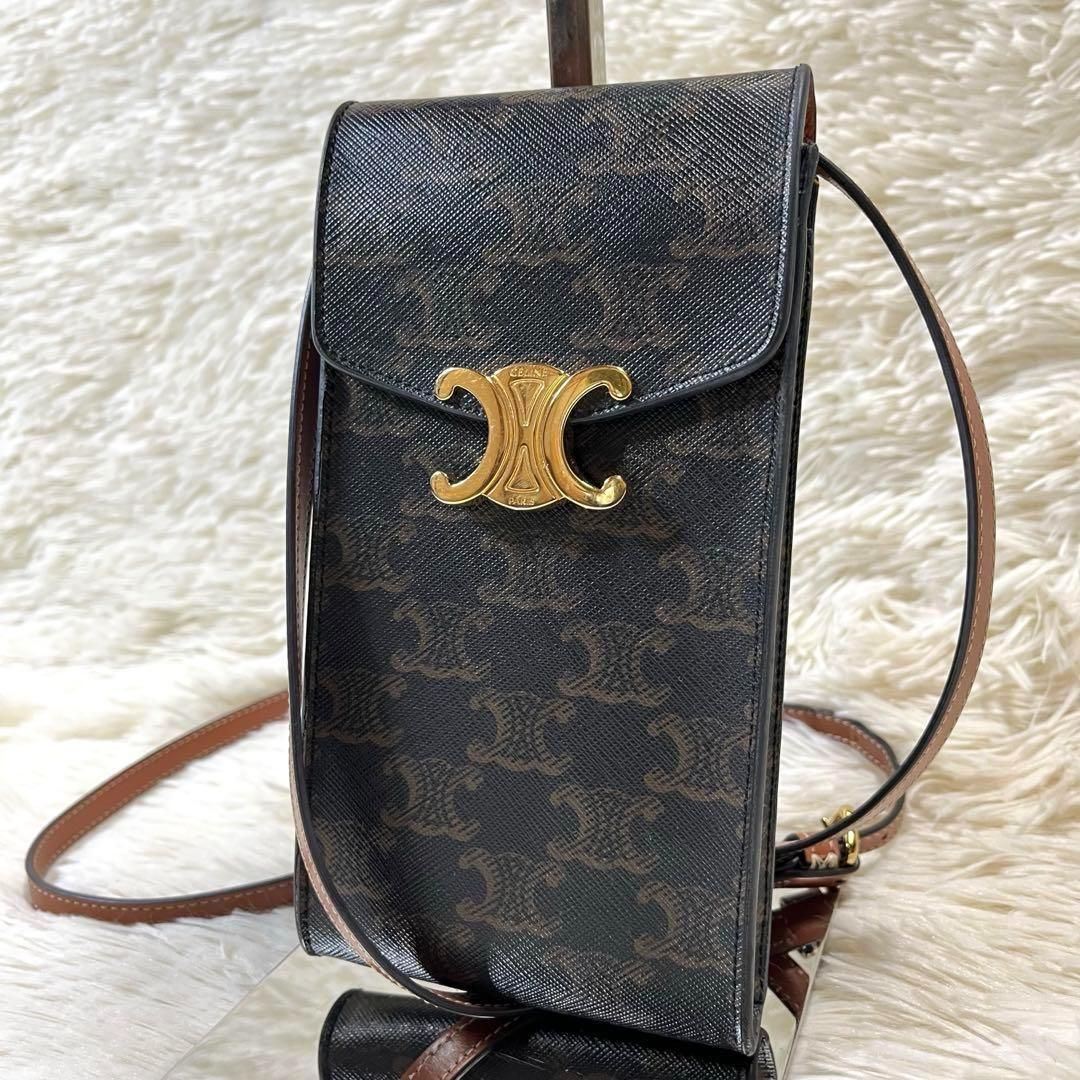 CELINE セリーヌ バーティカル フォンポーチ トリオンフ ロゴ ゴールド金具 モノグラム PVC レザー ショルダーバッグ クロスボディ