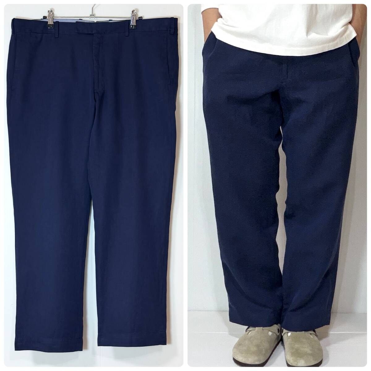 美品 Polo Ralph Lauren ポロラルフローレン シルク リネン コットン ノータック スラックス W38L30 ネイビー Classic Fit silk p26033524