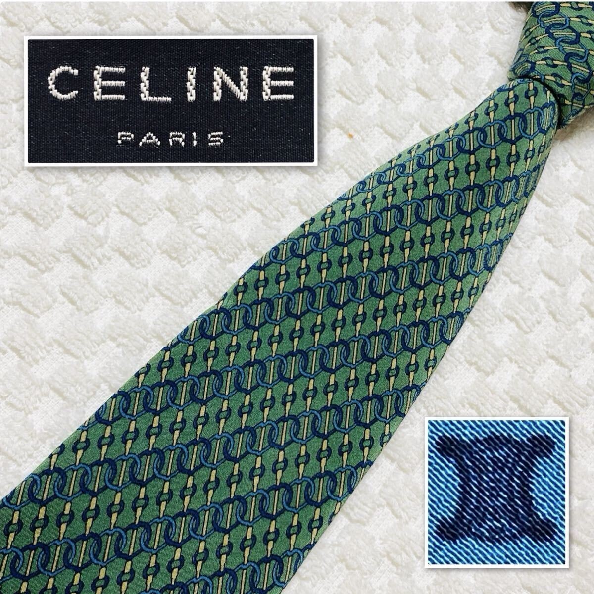 ■美品■CELINE セリーヌ　ネクタイ　右下がりストライプ　リング　総柄　シルク100% スペイン製　グリーン　ビジネス