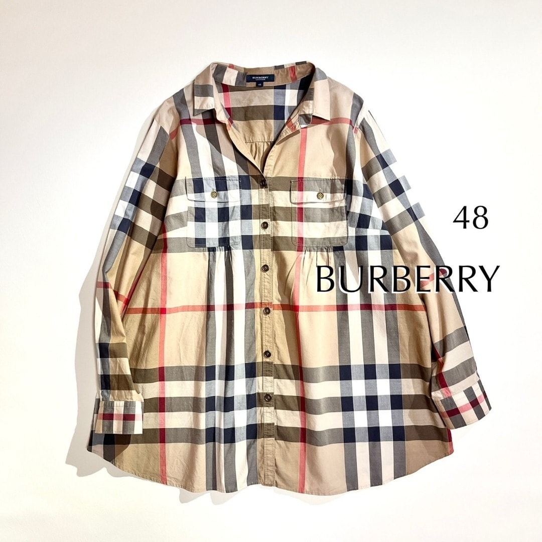 cX05 希少 BURBERRY LONDON 大きいサイズ 48 メガチェック シャツ ポケット ギャザー 三陽商会 ノバチェック ベージュ バーバリー ロンドン