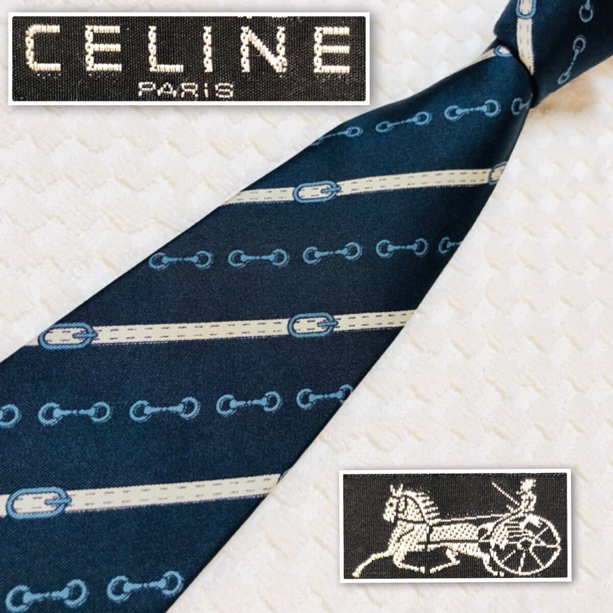 ■美品■CELINE セリーヌ　ネクタイ　レジメンタルストライプ　シルク100% スペイン製　ネイビー　ビジネス