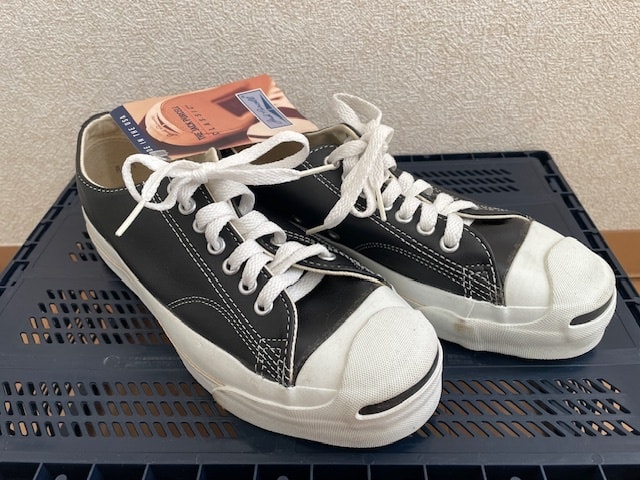 【未使用】90s USA製CONVERSEジャックパーセル ブラックレザー サイズ６ 1/2 イレギュラースタンプ有り デッドストック タグ有り箱付