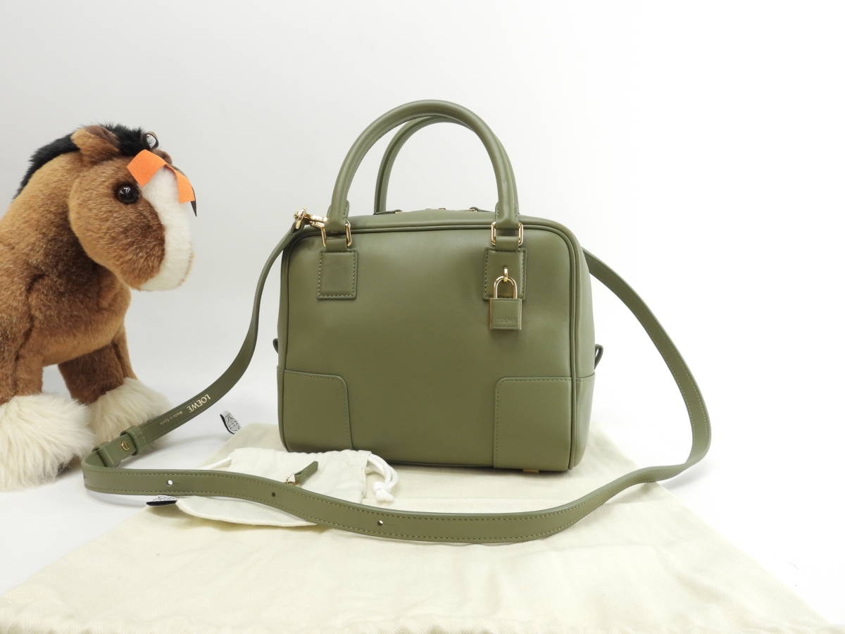 ロエベ アマソナ19スクエア ナパカーフ アボガドグリーン ハンドバッグ ポシェット@062134