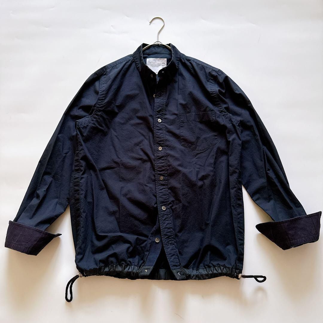 sacai サカイ シャツジャケット DRAWSTRING COTTON POPLIN SHIRT コットン ドローコード付き 隠れボタンダウン 素材切り替え ネイビー 2 M