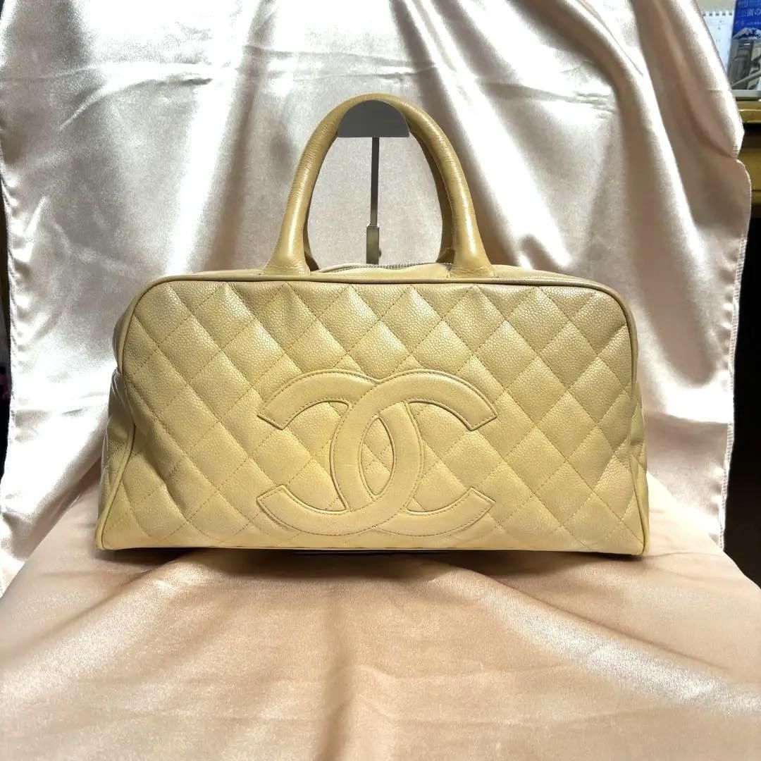 CHANEL シャネル ミニボストンバッグ ベージュ キャビアスキン レディース