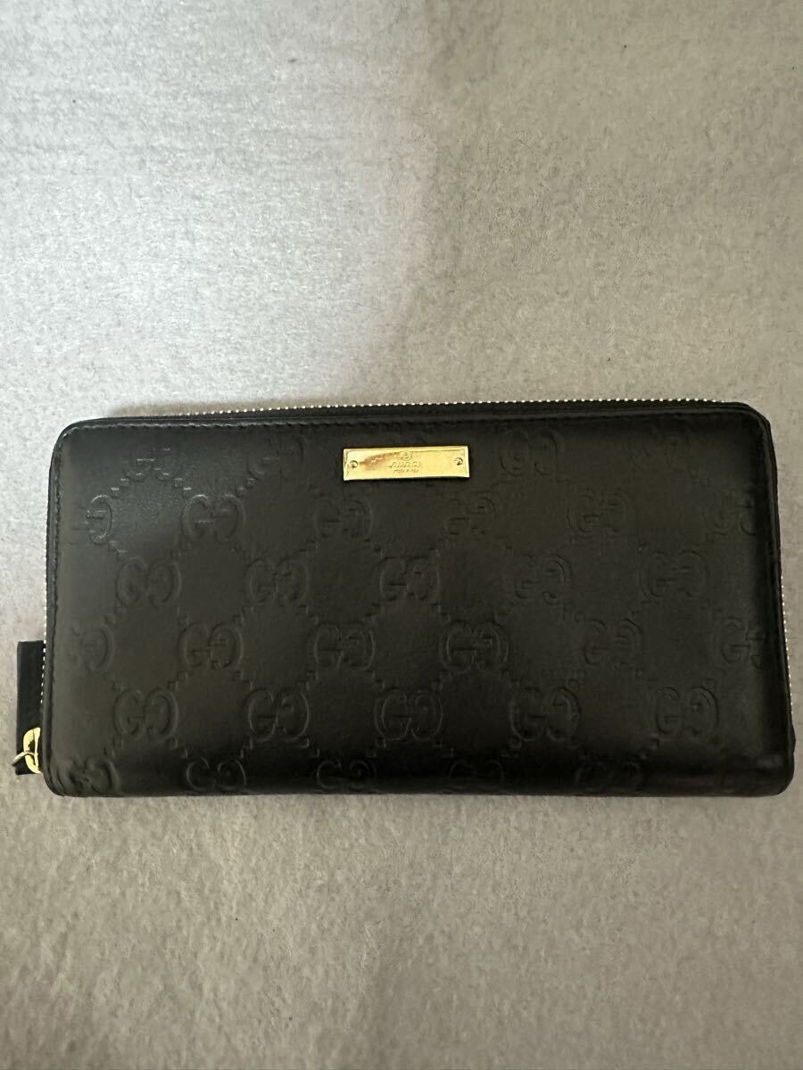 GUCCI グッチ 長財布 ブラック シマレザー ラウンドファ スナー GG 男女兼用