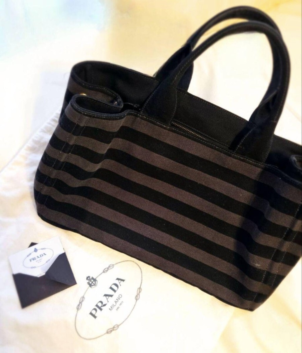 プラダ PRADA バッグ カナパ ボーダー キャンバス 超美品 ハンドバッグ トートバッグ 三角ロゴ