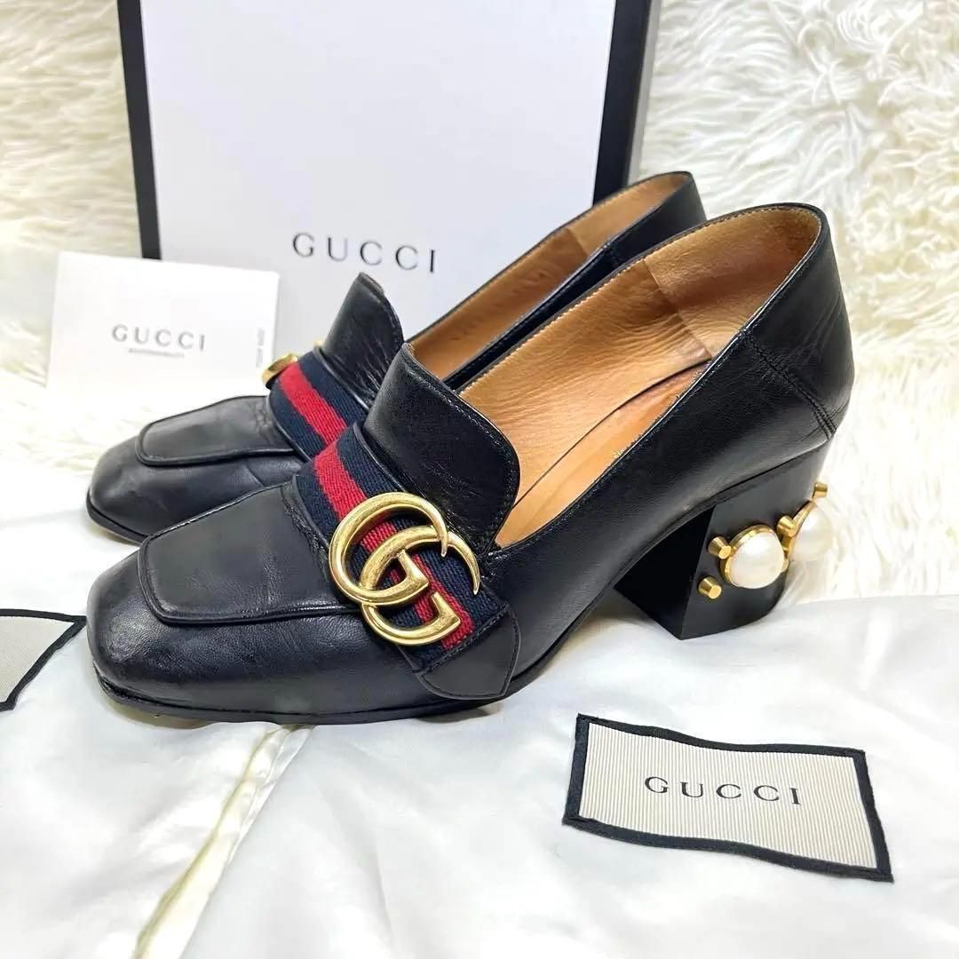 GUCCI グッチ GGモーメント ロゴ シェリーライン パール クリスタル ミッドヒール ローファー 革靴 スニーカー パンプス 34 1/2 22㎝