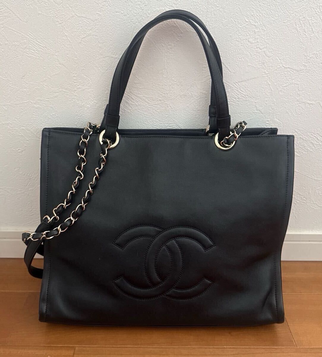 シャネル CHANEL トートバッグ レザー 肩掛け バッグ ココマーク ブラック ラムスキン