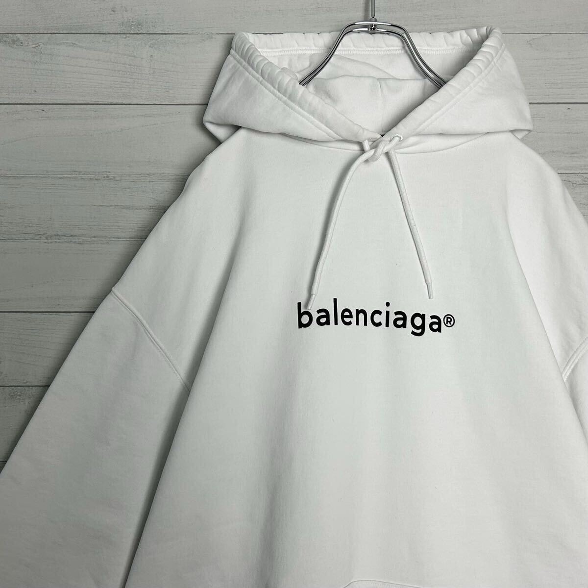 大人気 極美品 BALENCIAGA バレンシアガ 20AW センターロゴ パーカー プルオーバー フーディ 長袖 XL相当 ホワイト 白 トップス メンズ
