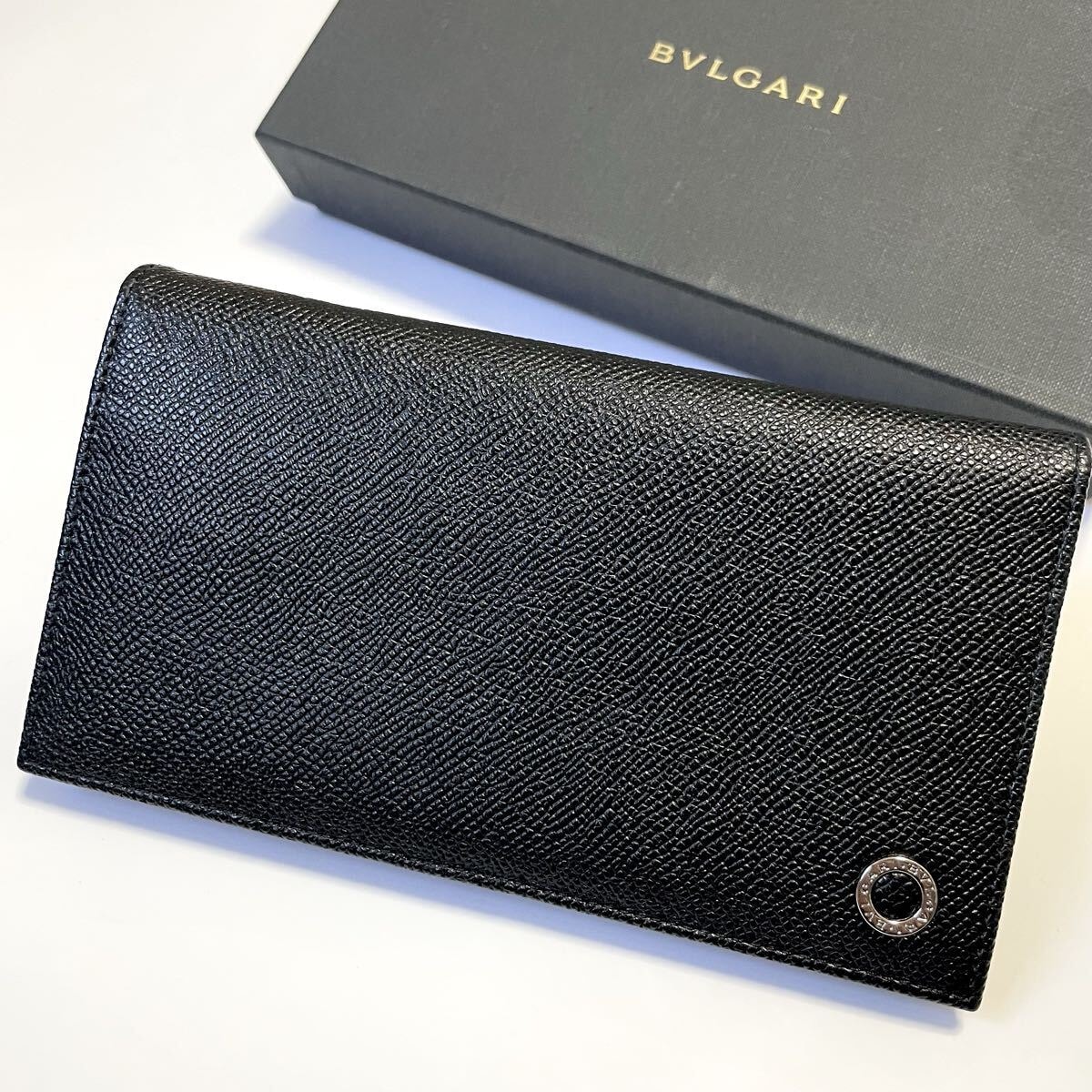 ★美品 BVLGARI ブルガリ マン 二つ折り 長財布メンズ ブラック 黒 リングロゴ【鑑定済み 本物保証】