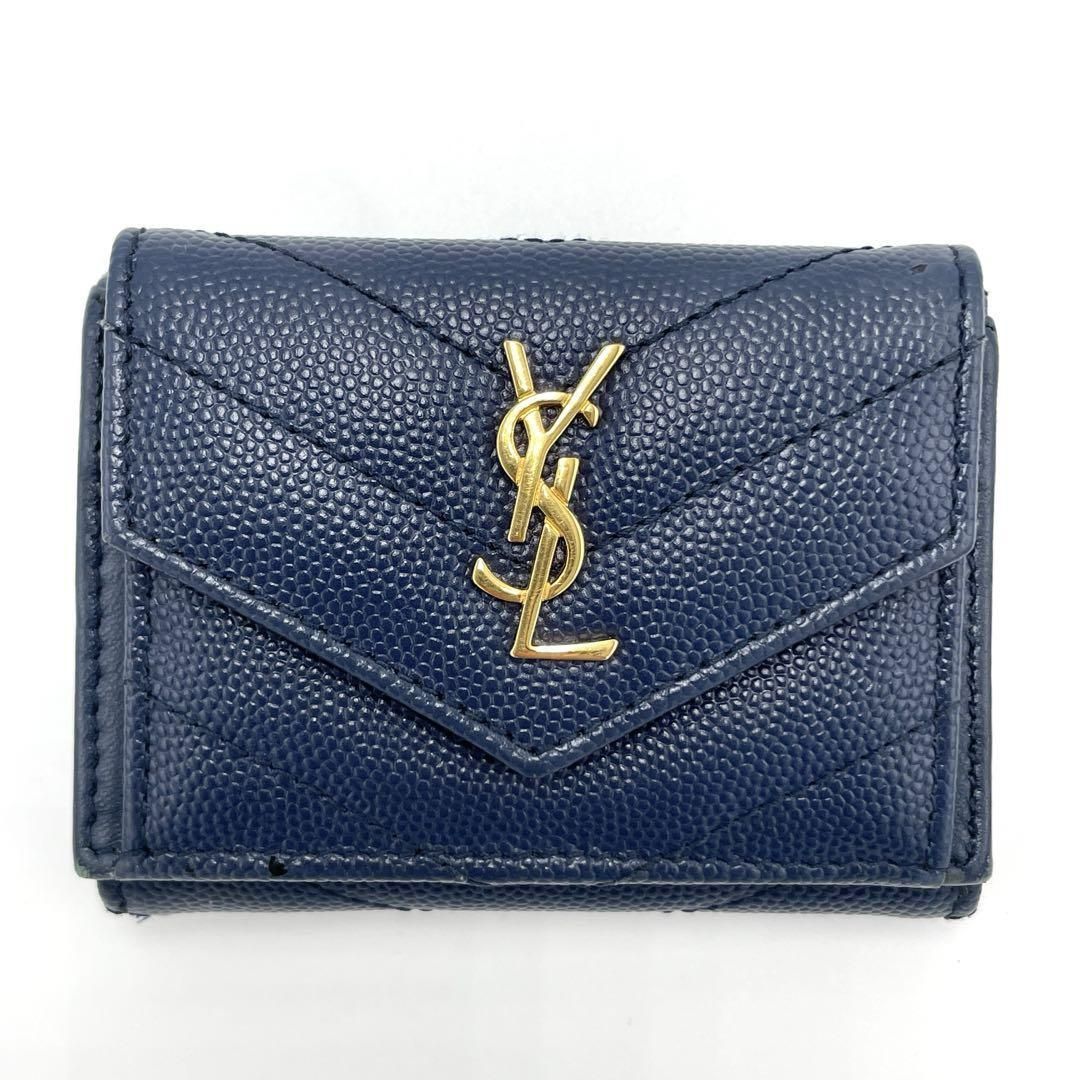 No.199 美品☆SAINTLAURENT サンローラン 三つ折り財布 Vステッチ レター カサンドラ キャビアスキン NOV505118 ネイビー レディース