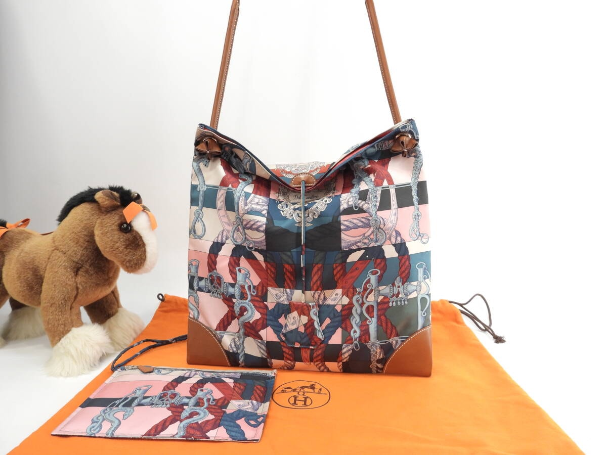 エルメス シルキーシティPM シルク/ピンク系 レザー茶 ショルダーバッグ 美品@T 2