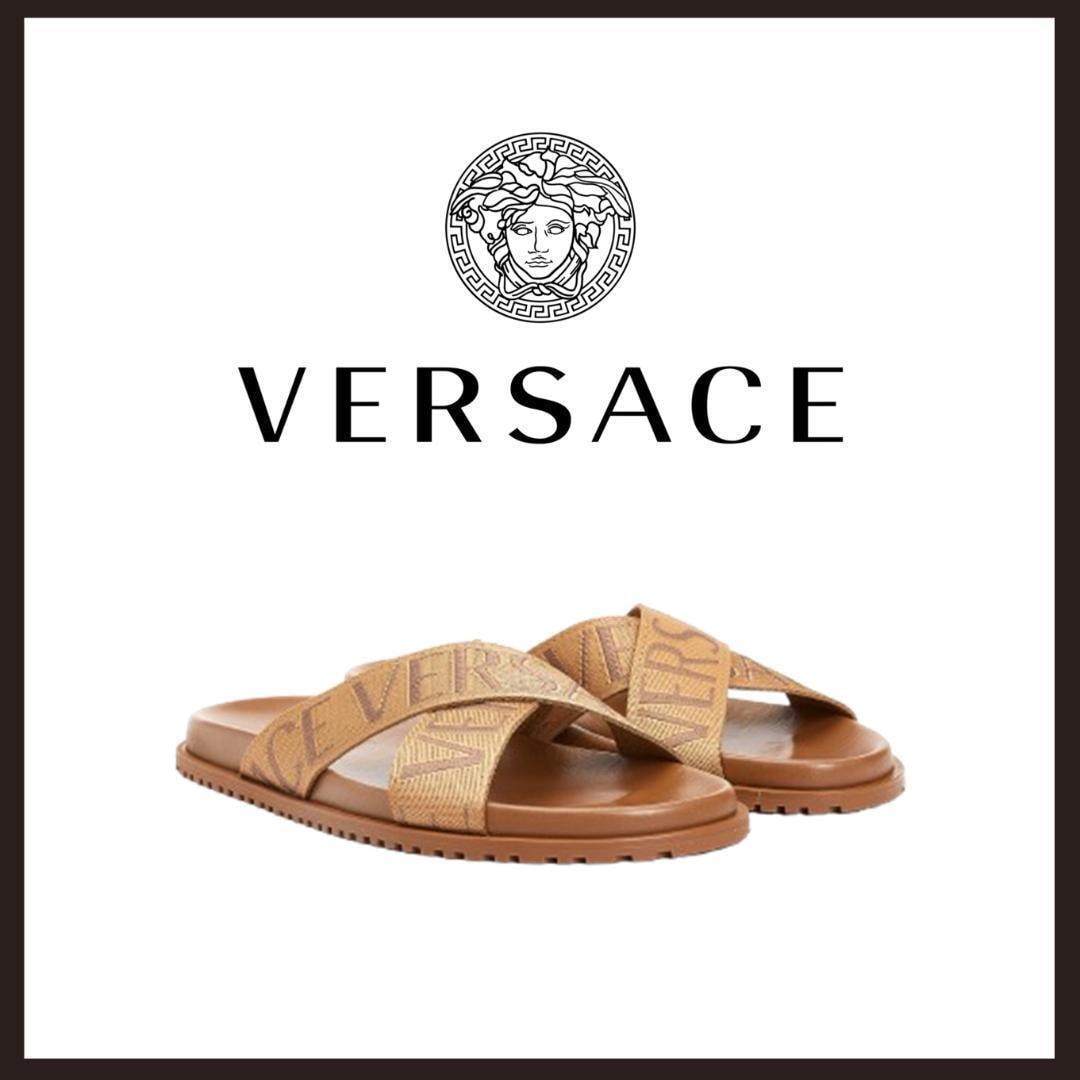 ○★新品 未使用 VERSACE オールオーバー ロゴ サンダル ブラウン 40 25cm相当 ベルクロサンダル ロゴドン（ヴェルサーチェ）○●