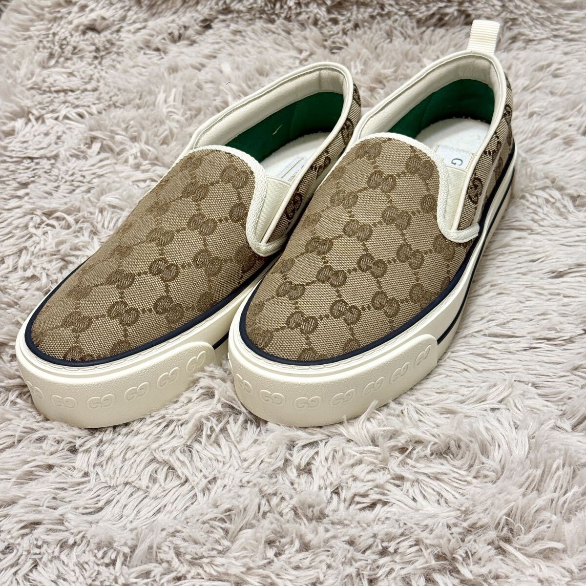 【極美品】GUCCI グッチ テニス 1977 スリッポン GGキャンバス ベージュ 38.5 (約25.5cm) スニーカー レディース イタリア製 