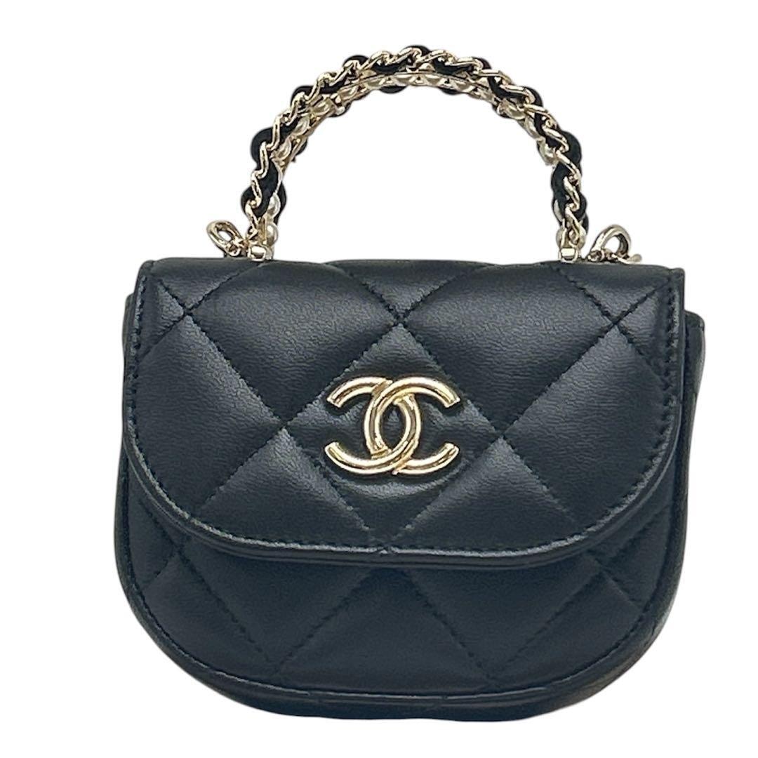 極美品 CHANEL シャネル ミニミニマトラッセ ラムスキン トップハンドル アクセサリーポーチ パール 真珠 ブラック 黒 ノベルティ品