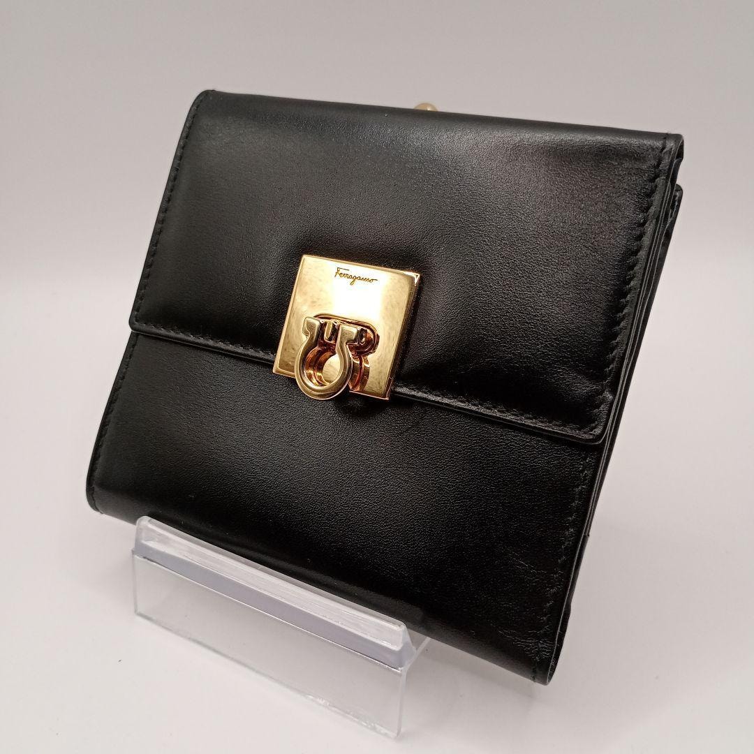 【6dc2524】サルヴァトーレフェラガモ 財布 ヴァラ レザー ブラック シャンパンゴールド金具【中古】レディース C (やや傷や汚れあり)】☆SALE【6dc2524】サルヴァトーレフェラガモ
