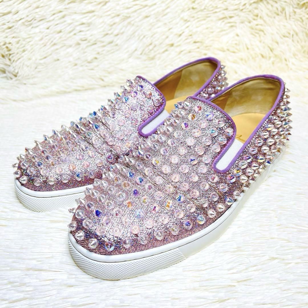 Christian Louboutin クリスチャン ルブタン ローラーボート スニーカー 36.5 レザー パープル×ホワイト スパイクスタッズ スリッポン 