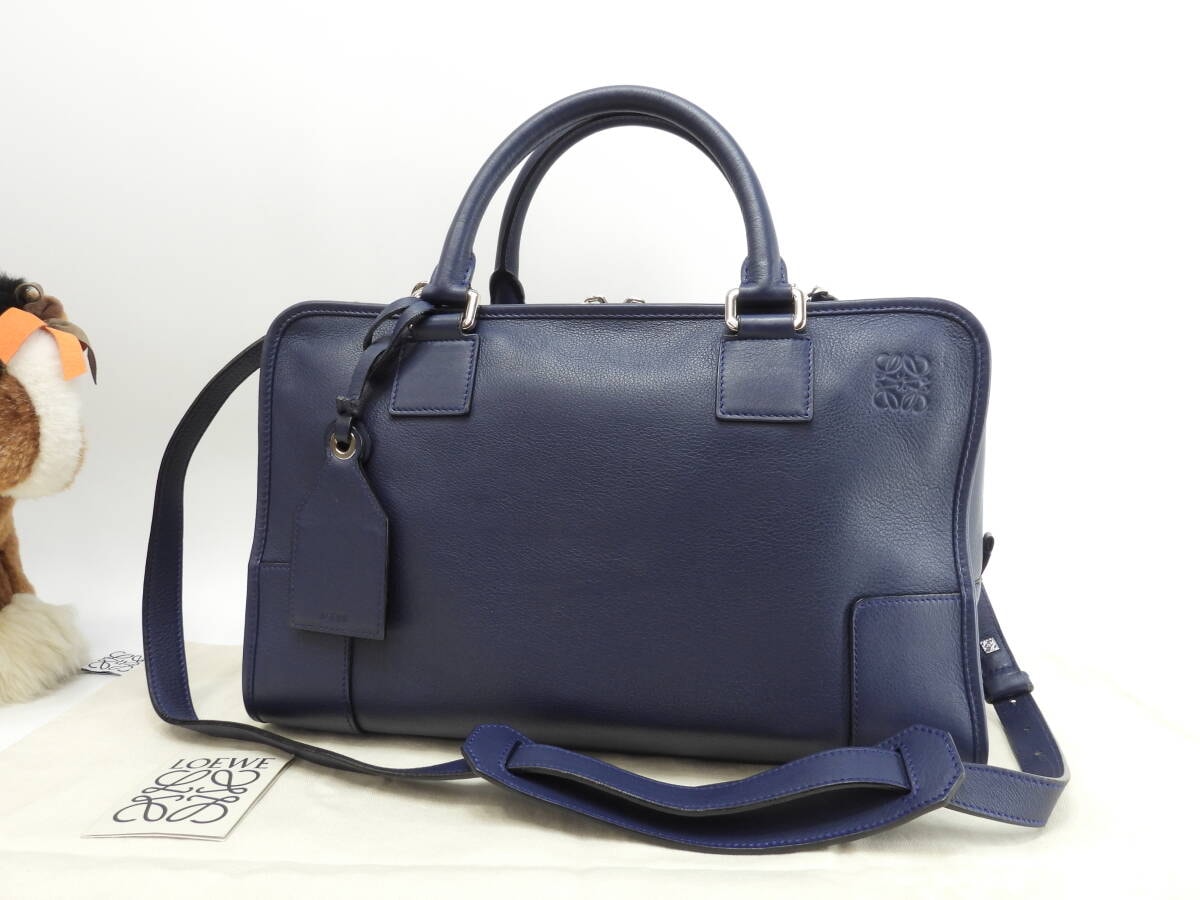 ロエベ s付アマソナ36 レザー 青 ショルダーストラップ付ハンドバッグ 美品@011505