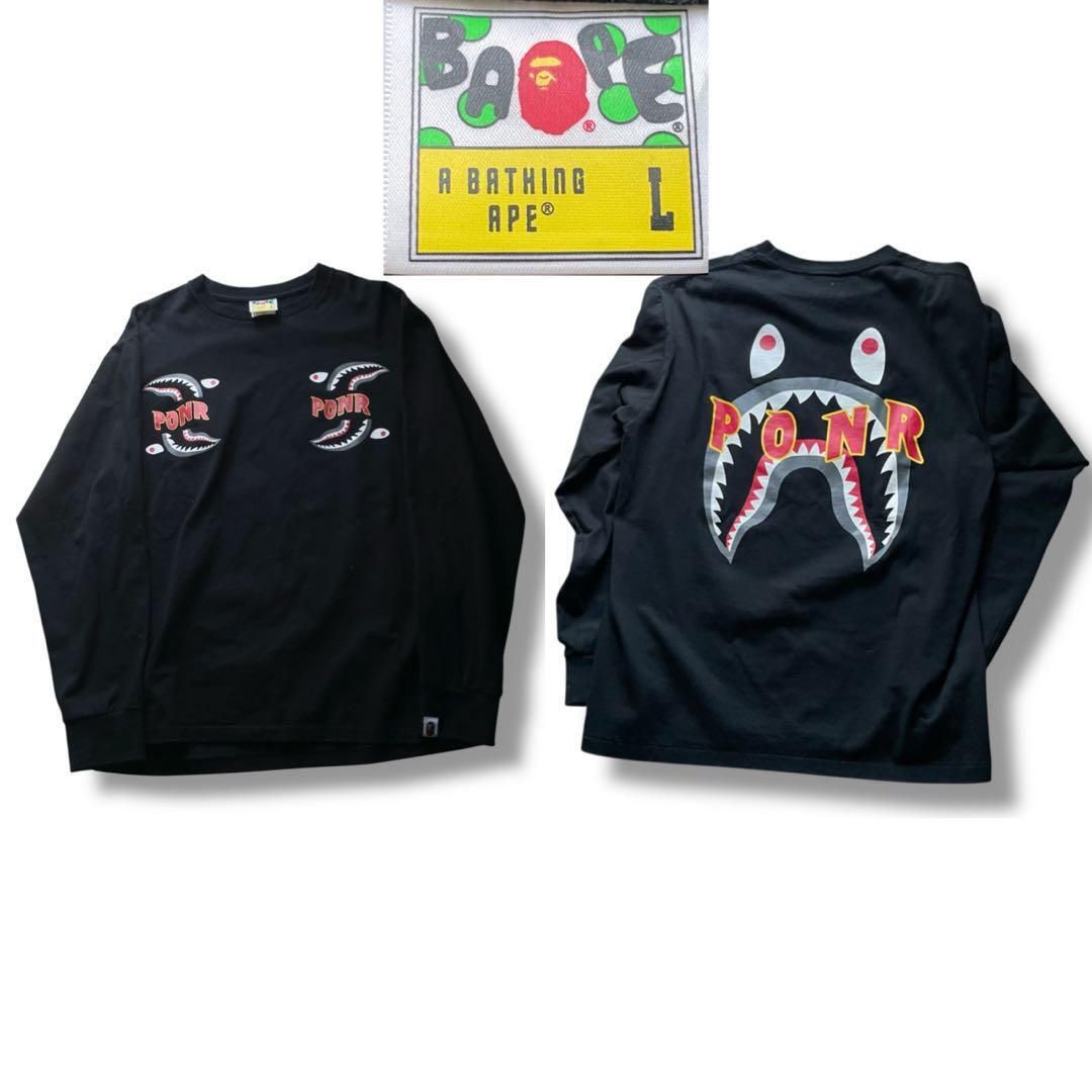 美品 APE エイプ PONR シャークプリント 長袖 Tシャツ size L 美品 APE エイプ PONR シャークプリント 長袖 Tシャツ size L